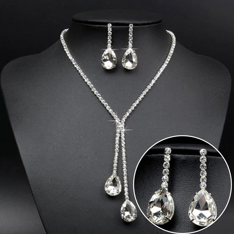 Fashion 1 set Wedding Bridal Jewelry Sets Simple Luxury Full Crystal Chain Water Drop Necklaces & Pendants Dangle Earrings Sets Secondary image