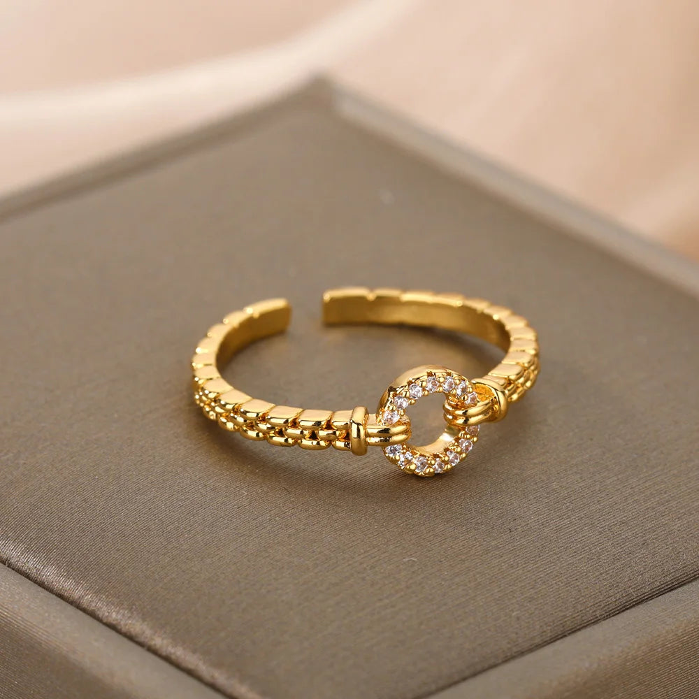 Zircon Round Rings For Women Punk Rock Chain Round Open Adjusted Stainless Steel Ring Accessories Jewelry Gift Bijoux Femme Main image