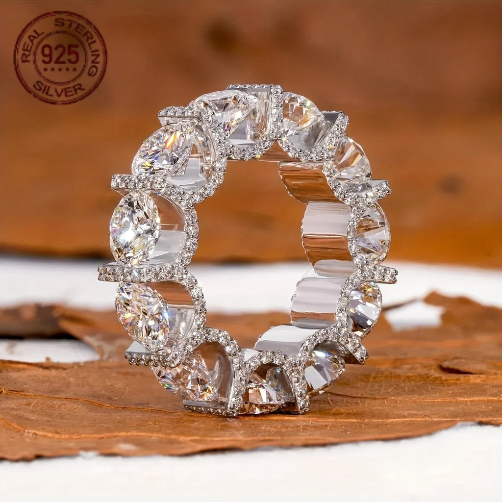 Luxury 925 Silver Rings For Women 6.50MM Round Lab Grown Diamond Zircon Wedding Band U Prong Micro Pave Full Eternity Jewelry