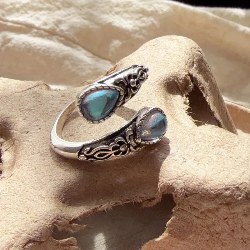 925 Sterling Silver Rings For Women Geometric Fine Jewelry Finger Adjustable Vintage BLue Stone Ring For Party Birthday Gift