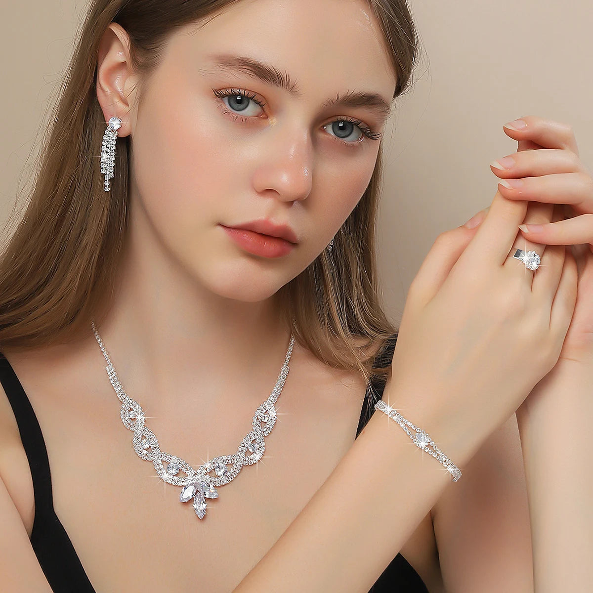 Elegant, exquisite, exaggerated necklace, earring, bracelet, ring, jewelry set, bridal and red carpet event styling accessories Main image