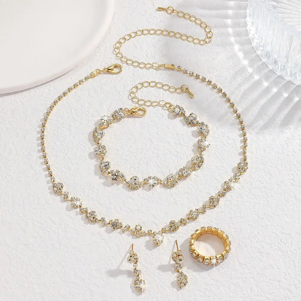 Bridal Shining Crystal Jewelry Set Rhinestone Exquisite Earrings Bracelet Luxury Necklace Women