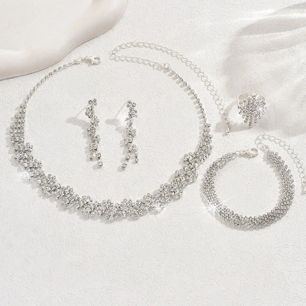 Alloy Rhinestone Jewelry Set Irregular Silver Necklace Bracelet Earrings Ring Sparkling Shiny Rhinestone Bridal Jewelry Set