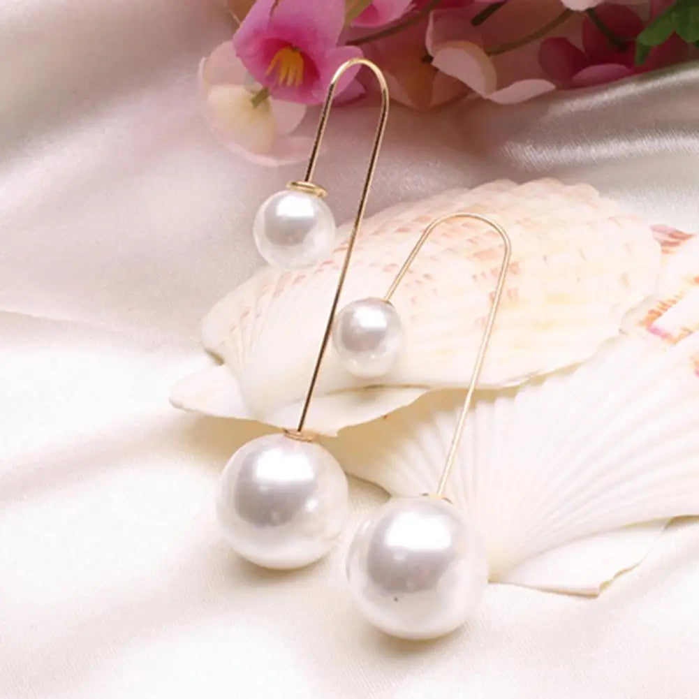 Fashion Earrings for Women U-Shaped Double Sided Faux Pearl Gold Plated Ear Dangle Jewelry