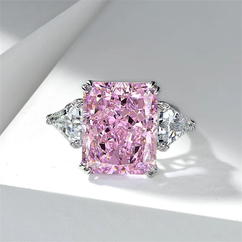 Luxury Geometric Big Square Stone Rings For Women Silver Color Charm Pink Yellow Zircon Wedding Bands Index Finger Party Jewelry