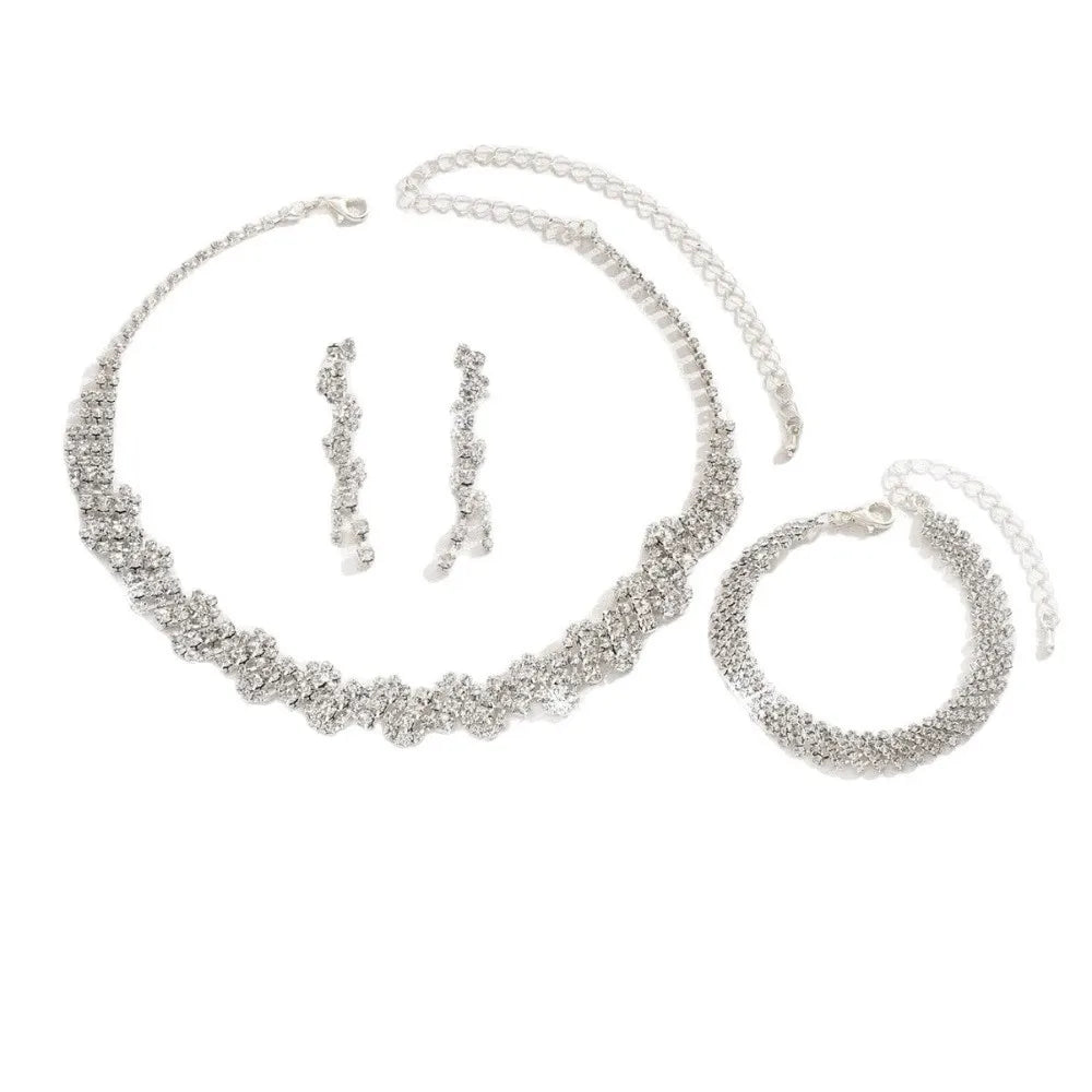 Alloy Rhinestone Jewelry Set Irregular Silver Necklace Bracelet Earrings Ring Sparkling Shiny Rhinestone Bridal Jewelry Set