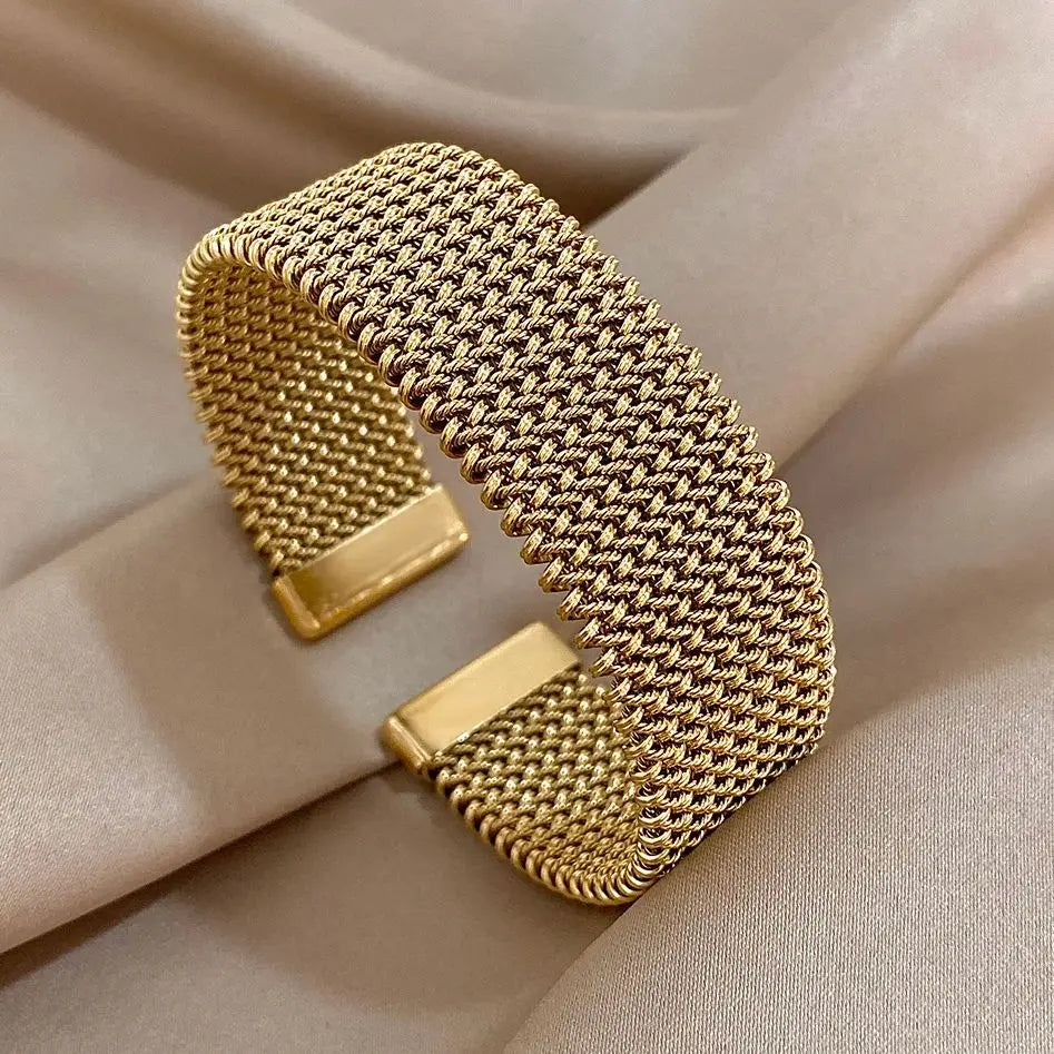 Vintage Weave Golden Cuff Bracelets for Women Elegant Trendy Stainless Steel Chunky Bracelet Bangle Waterproof Jewelry Gifts Main image