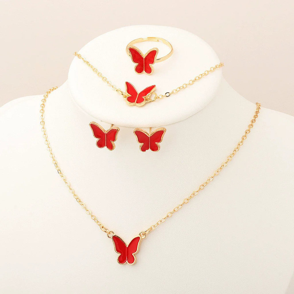 Necklace Earrings Bracelet Ring Jewelry Set for Women Wedding Party Sweet Jewelry Red Enamel Oil Butterfly Charms Accessories