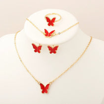 Necklace Earrings Bracelet Ring Jewelry Set for Women Wedding Party Sweet Jewelry Red Enamel Oil Butterfly Charms Accessories