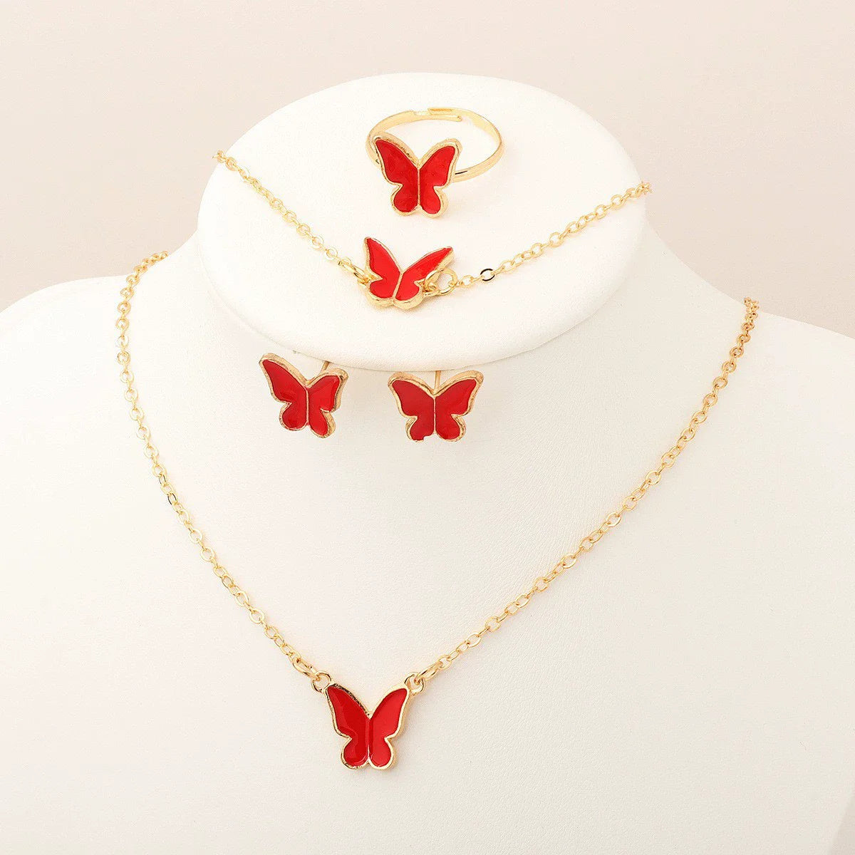 Necklace Earrings Bracelet Ring Jewelry Set for Women Wedding Party Sweet Jewelry Red Enamel Oil Butterfly Charms Accessories