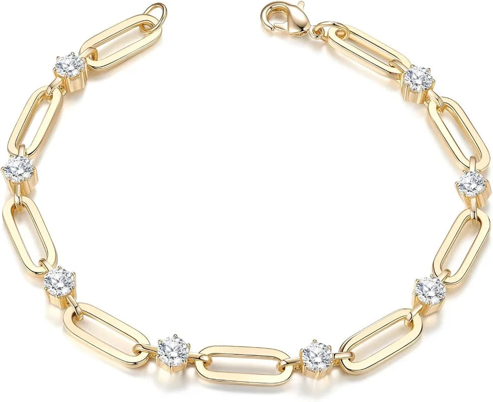 Gold Bracelets for Women Dainty 14K Gold Plated  Cubic Zirconia Paperclip Chain Bracelet Trendy Jewelry Secondary image