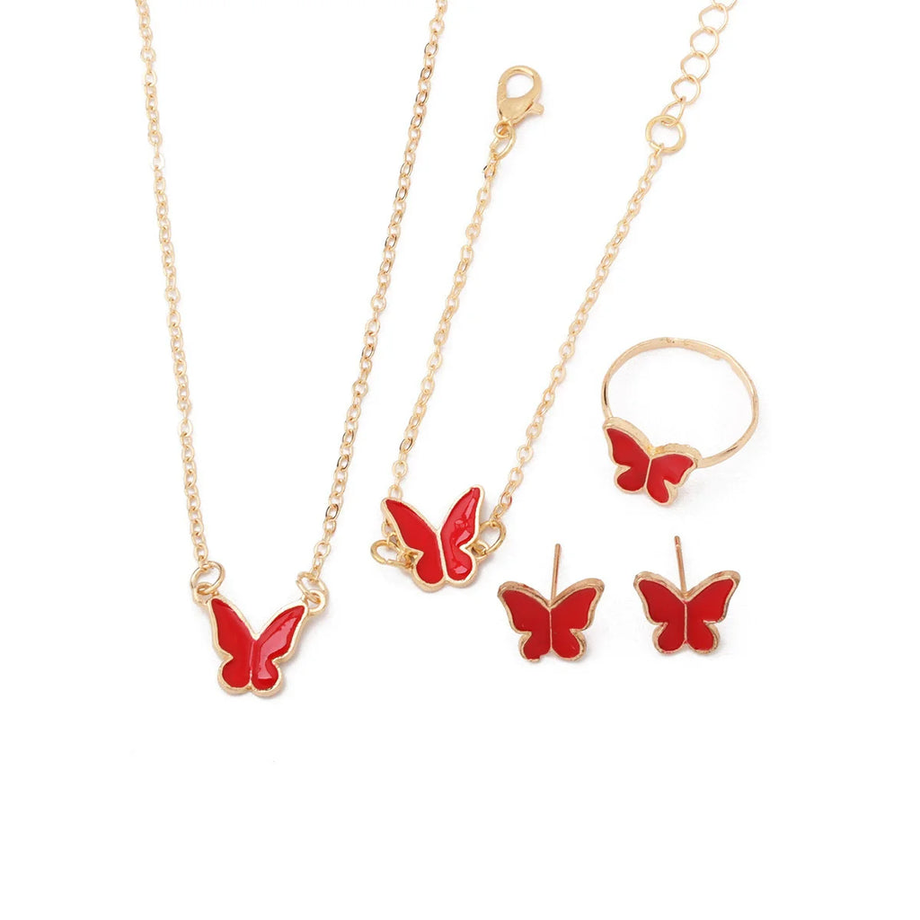 Necklace Earrings Bracelet Ring Jewelry Set for Women Wedding Party Sweet Jewelry Red Enamel Oil Butterfly Charms Accessories