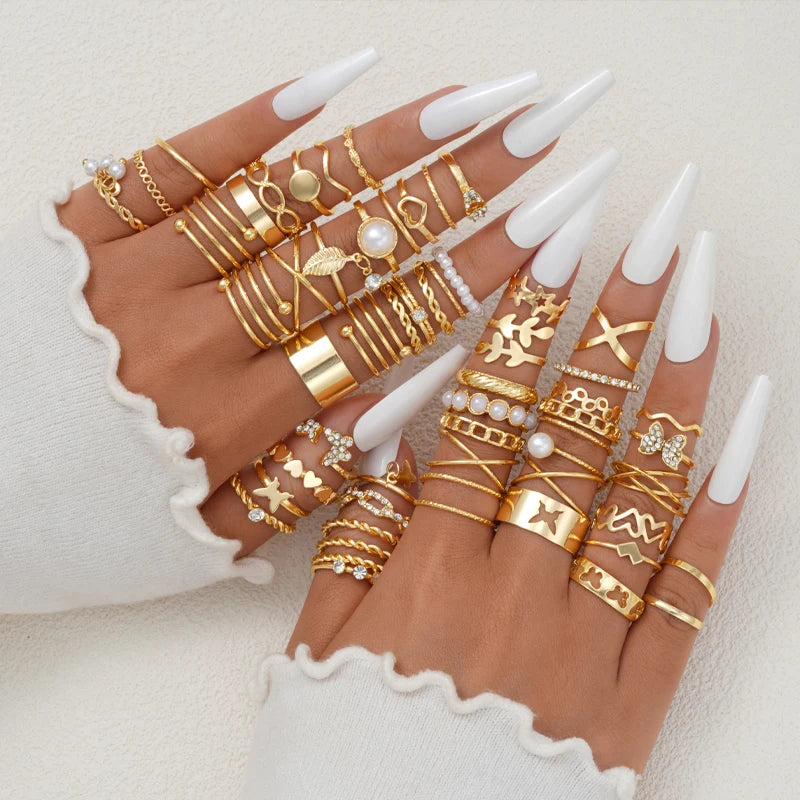 58PCS Vintage Heart Snake Butterfly Rings Set for Women Fashion Metal Gold Plated Geometric Hollow Finger Ring Jewelry Gifts New Main image