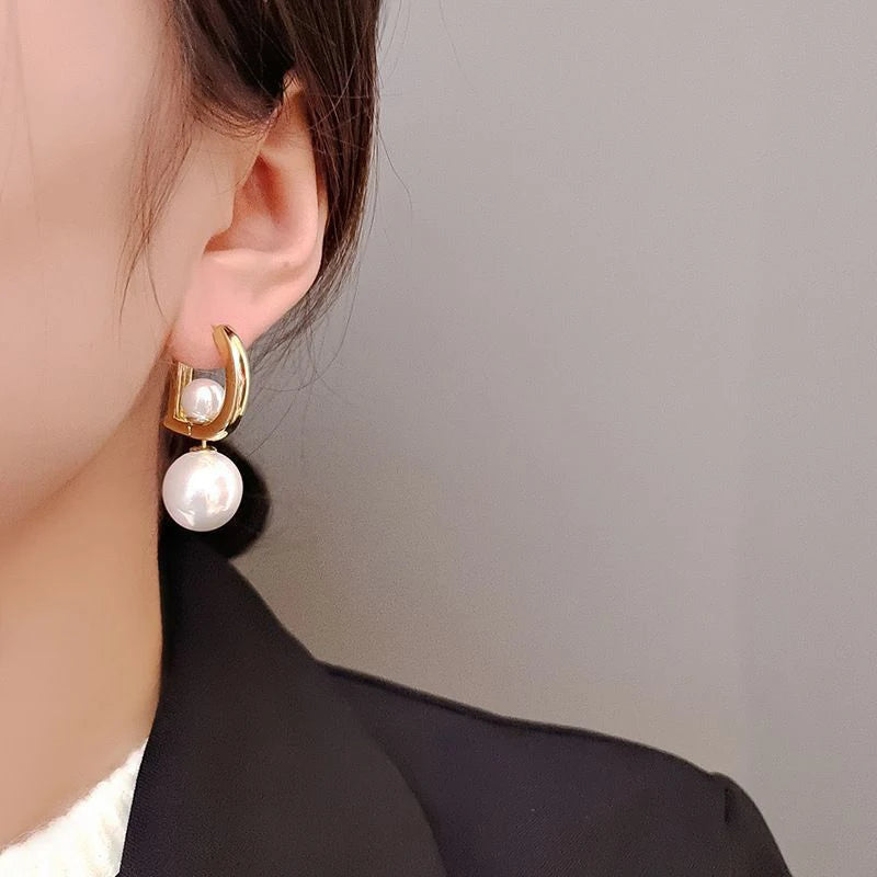 1 Pair Pearl Pendant Drop Earrings For Women Girls New Trendy Elegant D-shaped Geometric Ear Buckle Party Jewelry Gifts