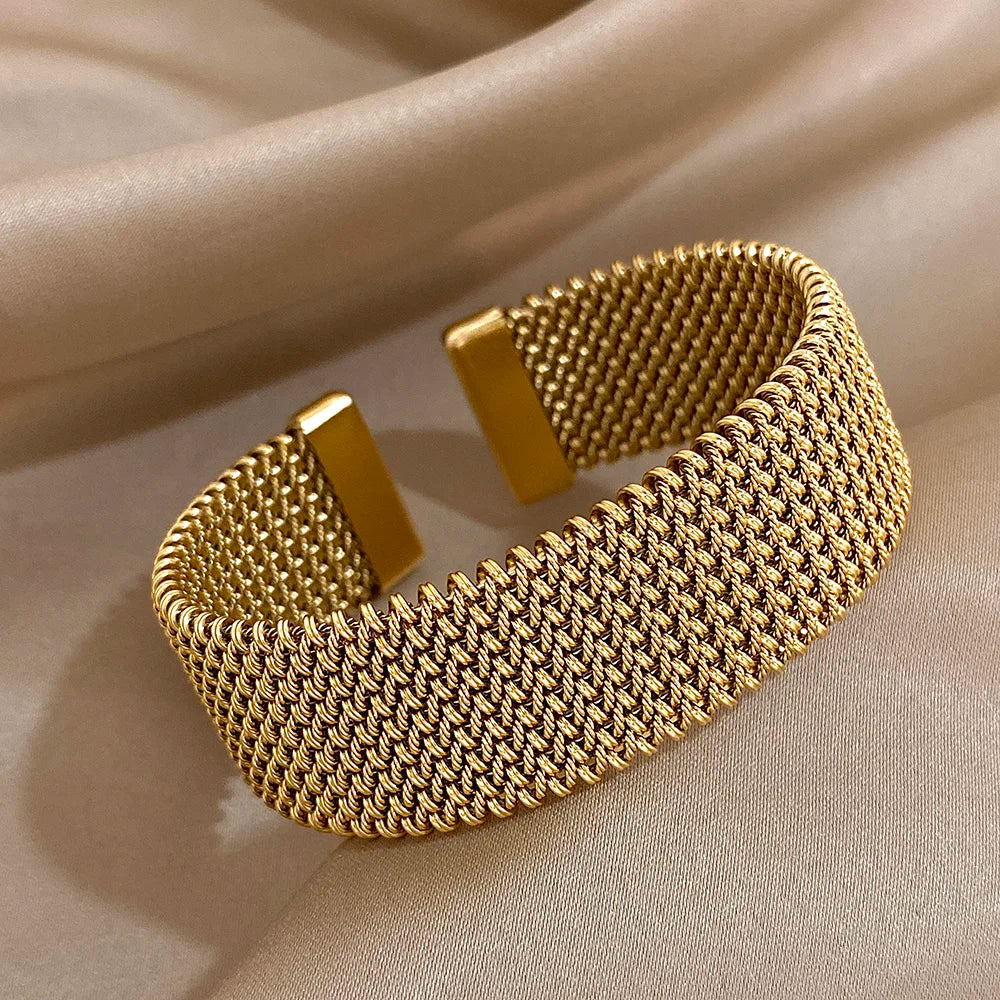 Vintage Weave Golden Cuff Bracelets for Women Elegant Trendy Stainless Steel Chunky Bracelet Bangle Waterproof Jewelry Gifts Secondary image