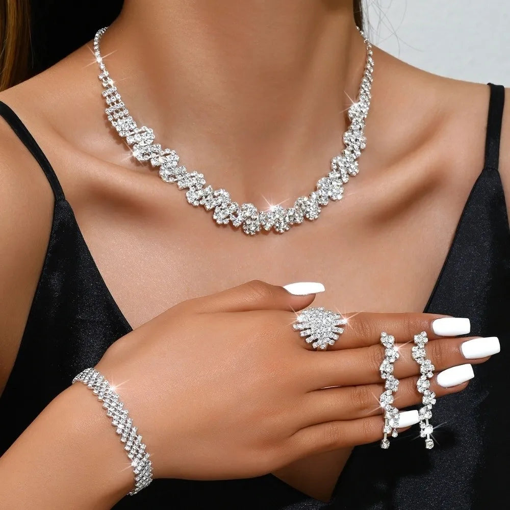 Alloy Rhinestone Jewelry Set Irregular Silver Necklace Bracelet Earrings Ring Sparkling Shiny Rhinestone Bridal Jewelry Set
