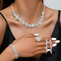 Alloy Rhinestone Jewelry Set Irregular Silver Necklace Bracelet Earrings Ring Sparkling Shiny Rhinestone Bridal Jewelry Set