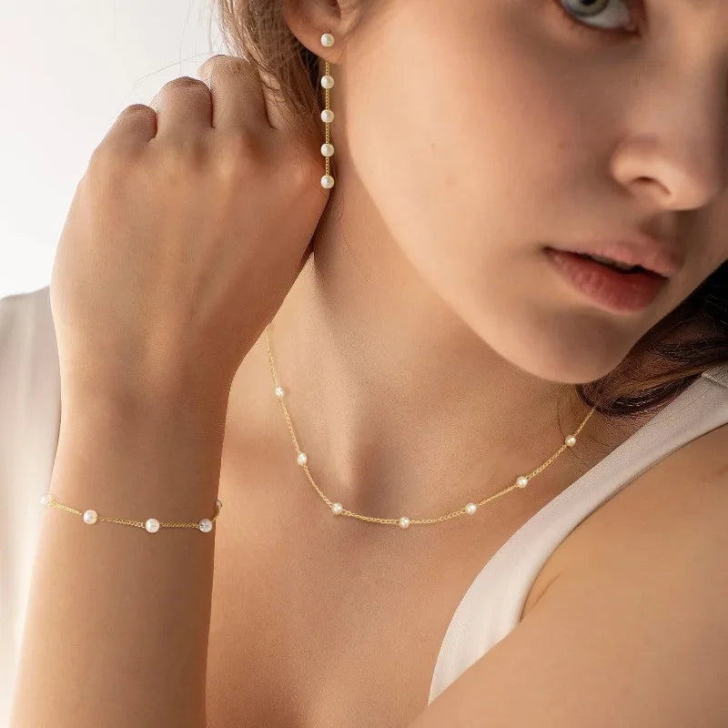 Gold Jewelry Set for Women, Dainty 14K Gold/Silver Plated Pearl Necklace and Earring Set with Drop Earrings Bracelets Necklace Secondary image