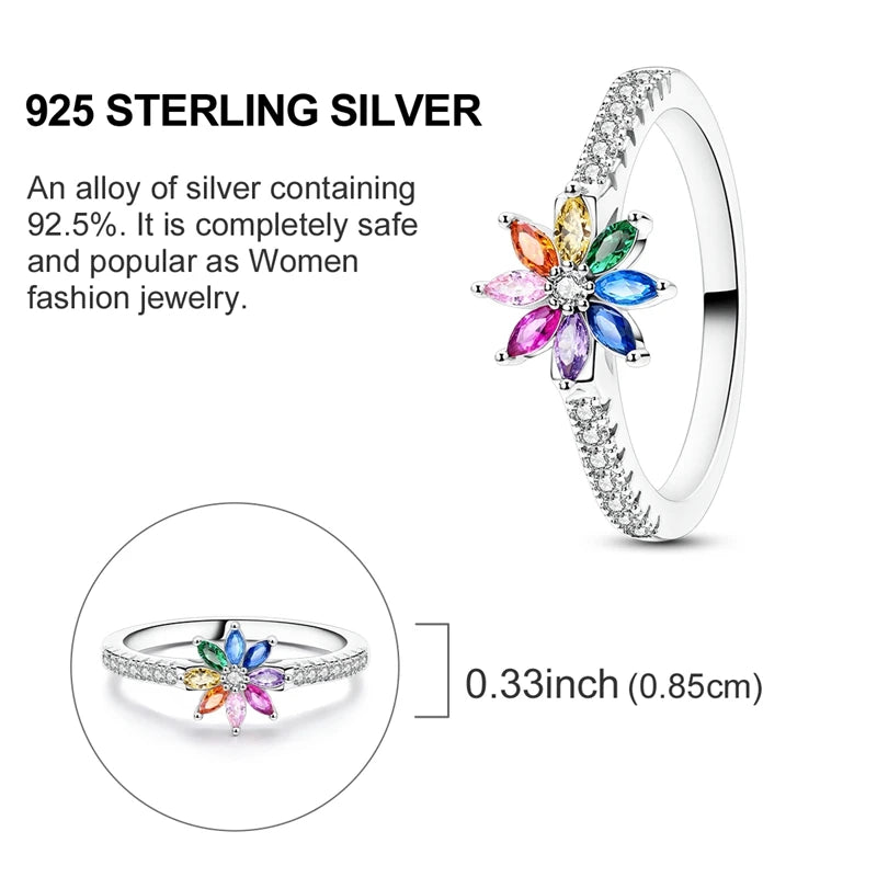 Original 925 Sterling Silver Rings Hope Rainbow Zircon Flower Rings For Women Girls Jewelry Birthday Anniversary Gifts