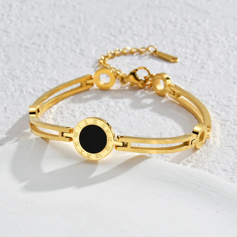 Fashion Bracelet For Women Black Acrylic Stainless Steel Couple Bracelet Carved Roman Numerals Girl Gift Hot Sale