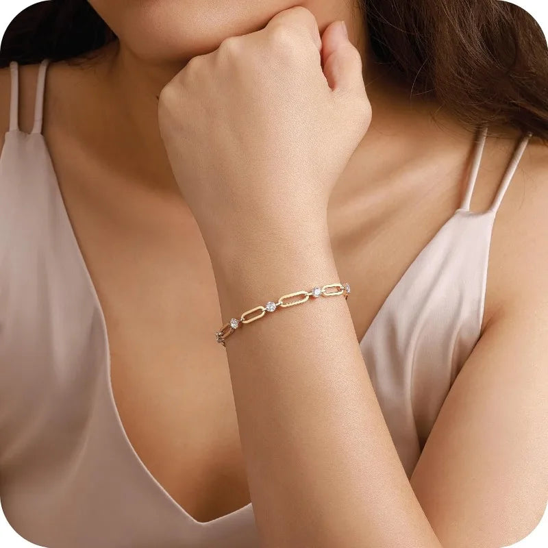 Gold Bracelets for Women Dainty 14K Gold Plated  Cubic Zirconia Paperclip Chain Bracelet Trendy Jewelry