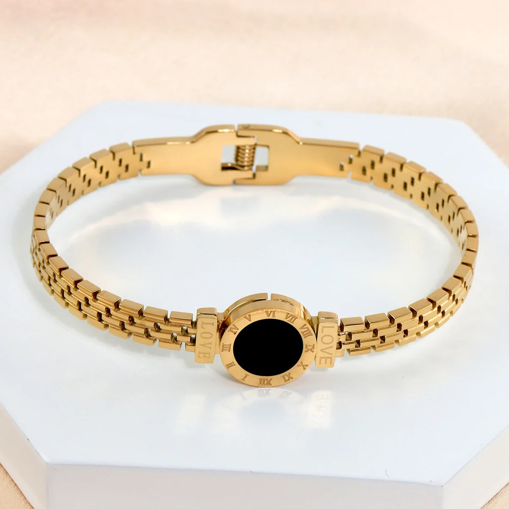 Fashion Bracelet For Women Black Acrylic Stainless Steel Couple Bracelet Carved Roman Numerals Girl Gift Hot Jewelry