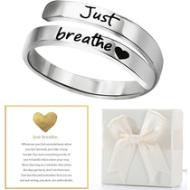 Just Breathe Heart Ring for Women Men, Stainless Steel Spiral Wrap Healing Rings, Inspirational Heart felt Gifts with Box