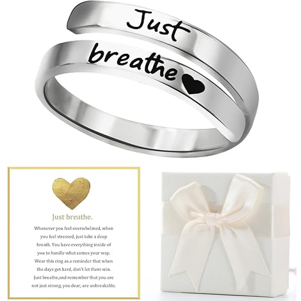Just Breathe Heart Ring for Women Men, Stainless Steel Spiral Wrap Healing Rings, Inspirational Heart felt Gifts with Box