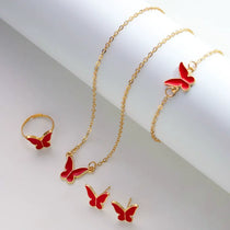 Necklace Earrings Bracelet Ring Jewelry Set for Women Wedding Party Sweet Jewelry Red Enamel Oil Butterfly Charms Accessories