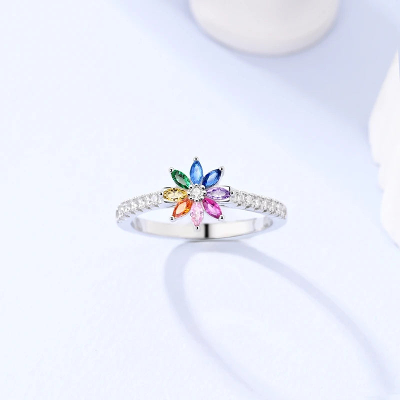 Original 925 Sterling Silver Rings Hope Rainbow Zircon Flower Rings For Women Girls Jewelry Birthday Anniversary Gifts