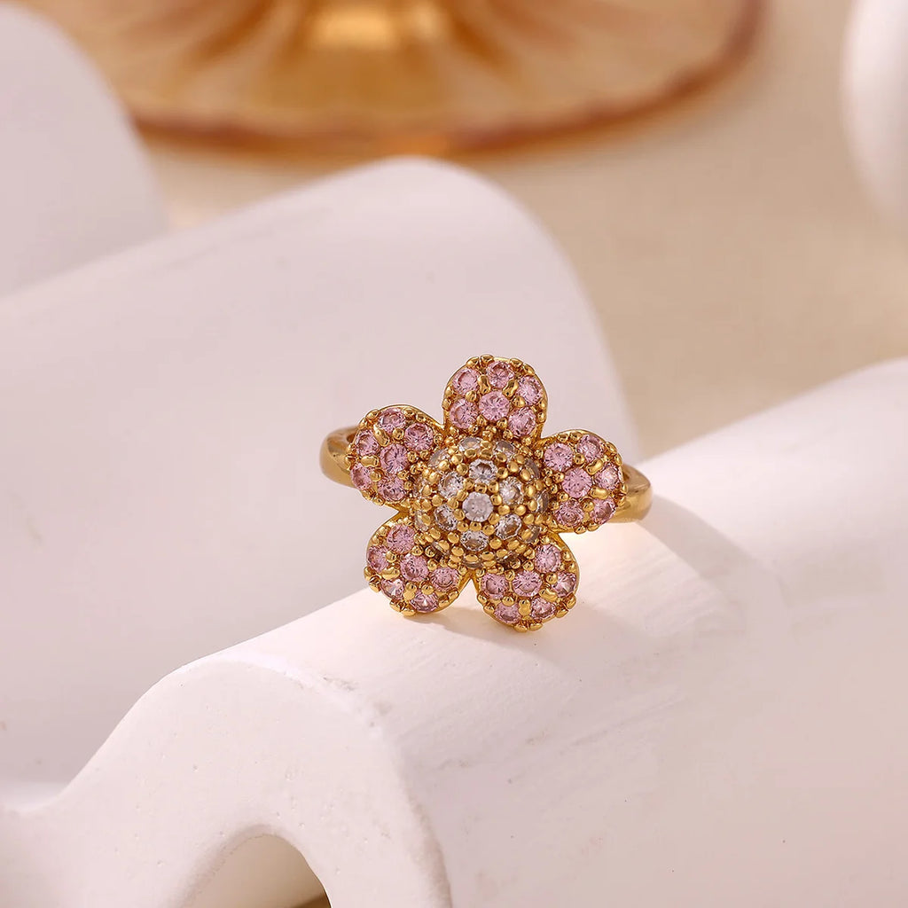 Pink Romantic Rose Rings For Women Elegant Fashion Full Zircon Flower Anillos Gold Color Jewelry Valentine's Day Wife Mama Gift