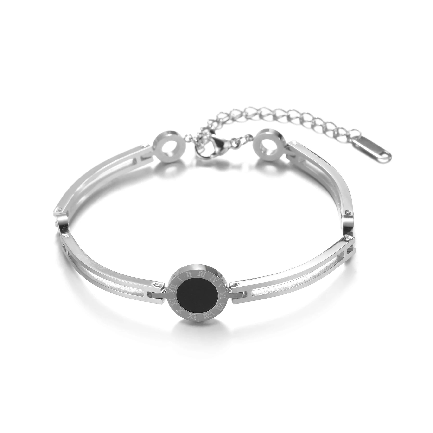 Fashion Bracelet For Women Black Acrylic Stainless Steel Couple Bracelet Carved Roman Numerals Girl Gift Hot Sale