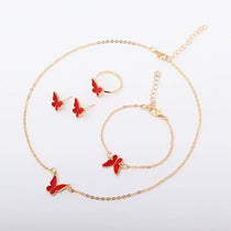 Necklace Earrings Bracelet Ring Jewelry Set for Women Wedding Party Sweet Jewelry Red Enamel Oil Butterfly Charms Accessories