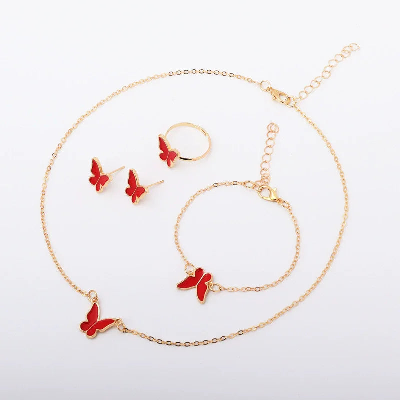 Necklace Earrings Bracelet Ring Jewelry Set for Women Wedding Party Sweet Jewelry Red Enamel Oil Butterfly Charms Accessories