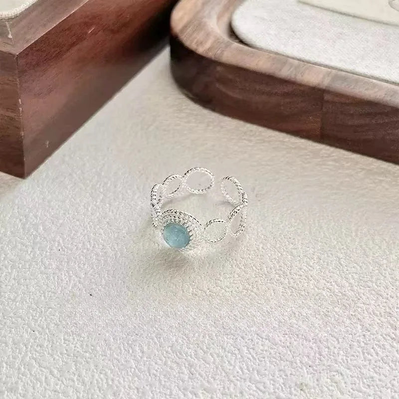 925 Sterling Silver Rings For Women Elegant Jewelry Blue Zircon Lace Open Accessories Engagement Jewellery Allergy