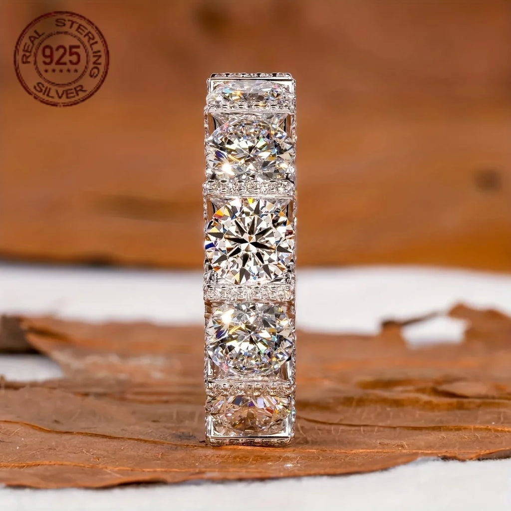 Luxury 925 Silver Rings For Women 6.50MM Round Lab Grown Diamond Zircon Wedding Band U Prong Micro Pave Full Eternity Jewelry