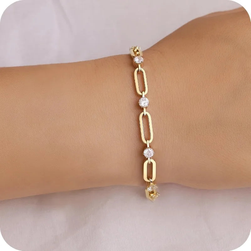 Gold Bracelets for Women Dainty 14K Gold Plated  Cubic Zirconia Paperclip Chain Bracelet Trendy Jewelry
