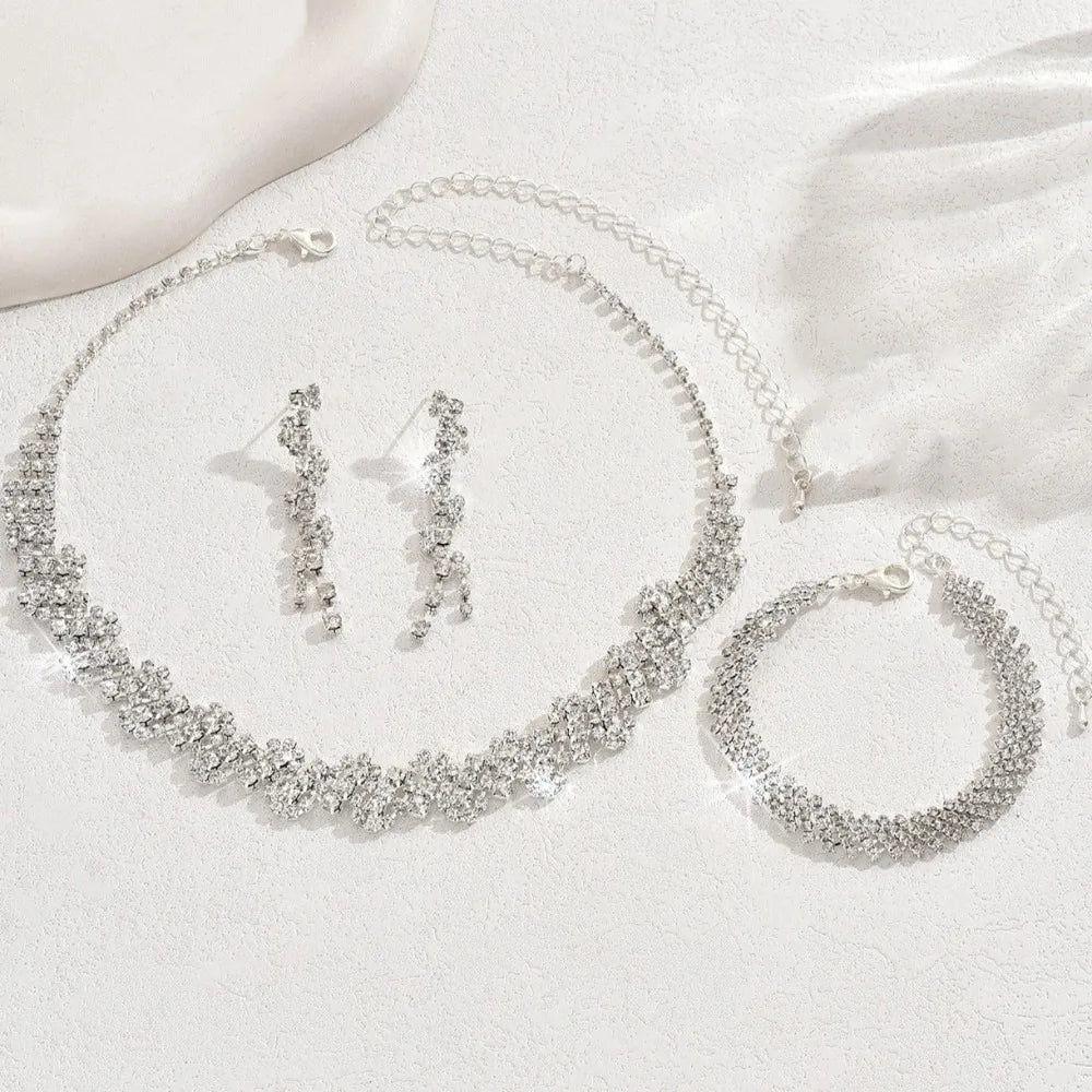 Alloy Rhinestone Jewelry Set Irregular Silver Necklace Bracelet Earrings Ring Sparkling Shiny Rhinestone Bridal Jewelry Set