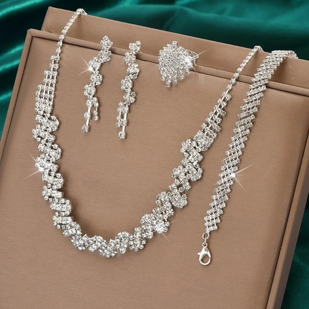 Alloy Rhinestone Jewelry Set Irregular Silver Necklace Bracelet Earrings Ring Sparkling Shiny Rhinestone Bridal Jewelry Set Secondary image
