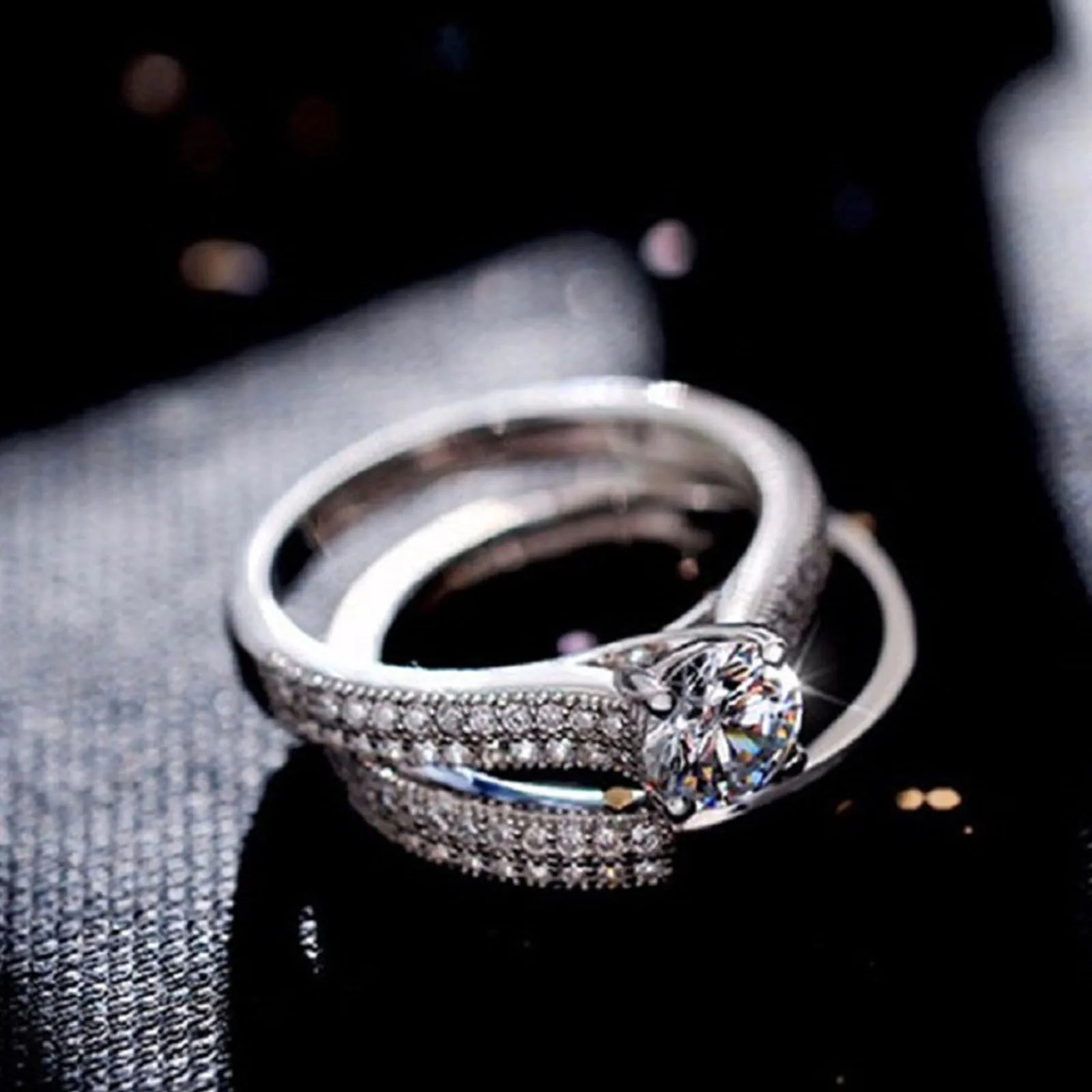 1 pair Vintage Halo 925 Sterling Silver Wedding Ring Set For Women Lady Anniversary Gift Jewelry Bulk Sell Secondary image