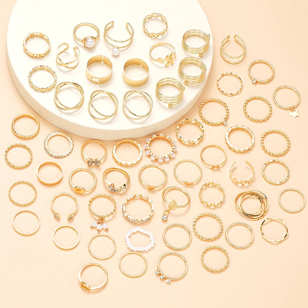 58PCS Vintage Heart Snake Butterfly Rings Set for Women Fashion Metal Gold Plated Geometric Hollow Finger Ring Jewelry Gifts New
