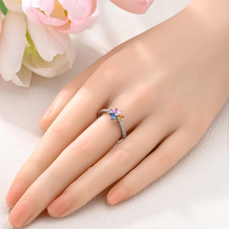Original 925 Sterling Silver Rings Hope Rainbow Zircon Flower Rings For Women Girls Jewelry Birthday Anniversary Gifts