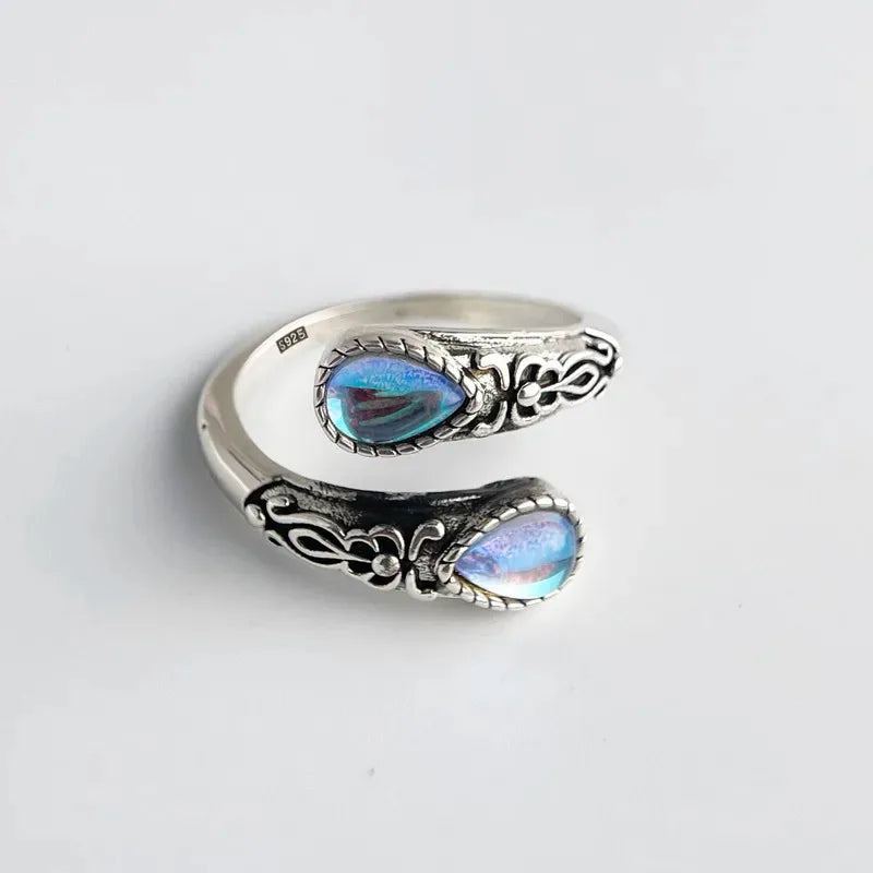 925 Sterling Silver Rings For Women Geometric Fine Jewelry Finger Adjustable Vintage BLue Stone Ring For Party Birthday Gift Main image