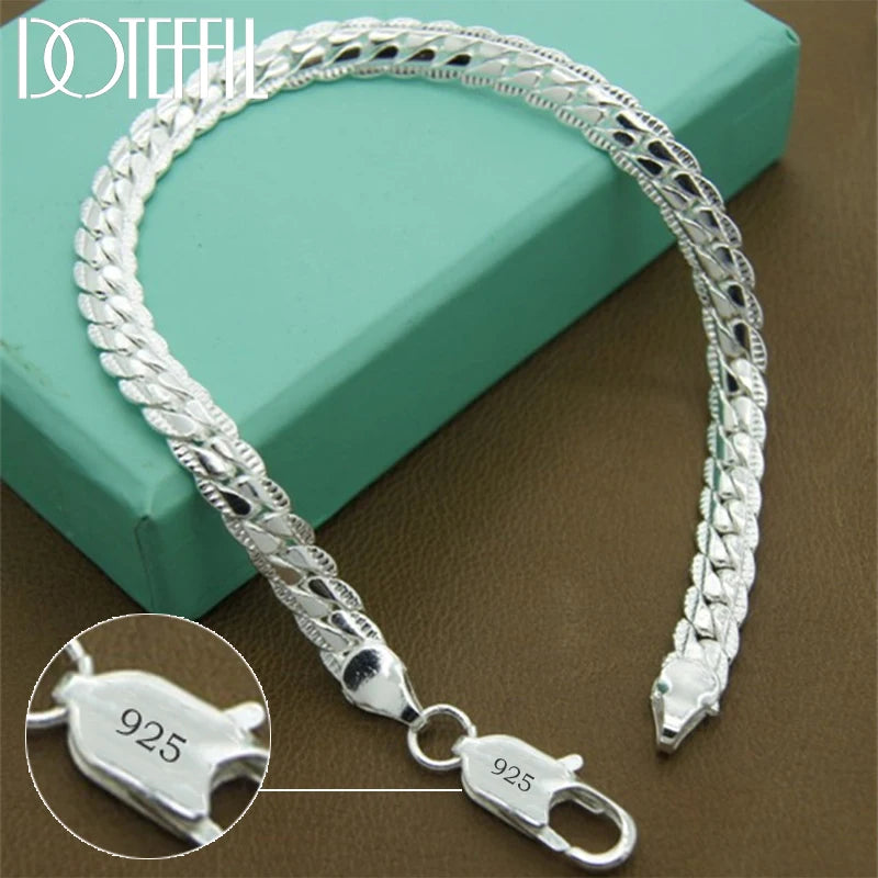 DOTEFFIL 925 Silver Bracelet 6mm 18/19/20cm Flat Side Chain Lobster Clasp For Woman Man Wedding Engagement Jewelry Main image