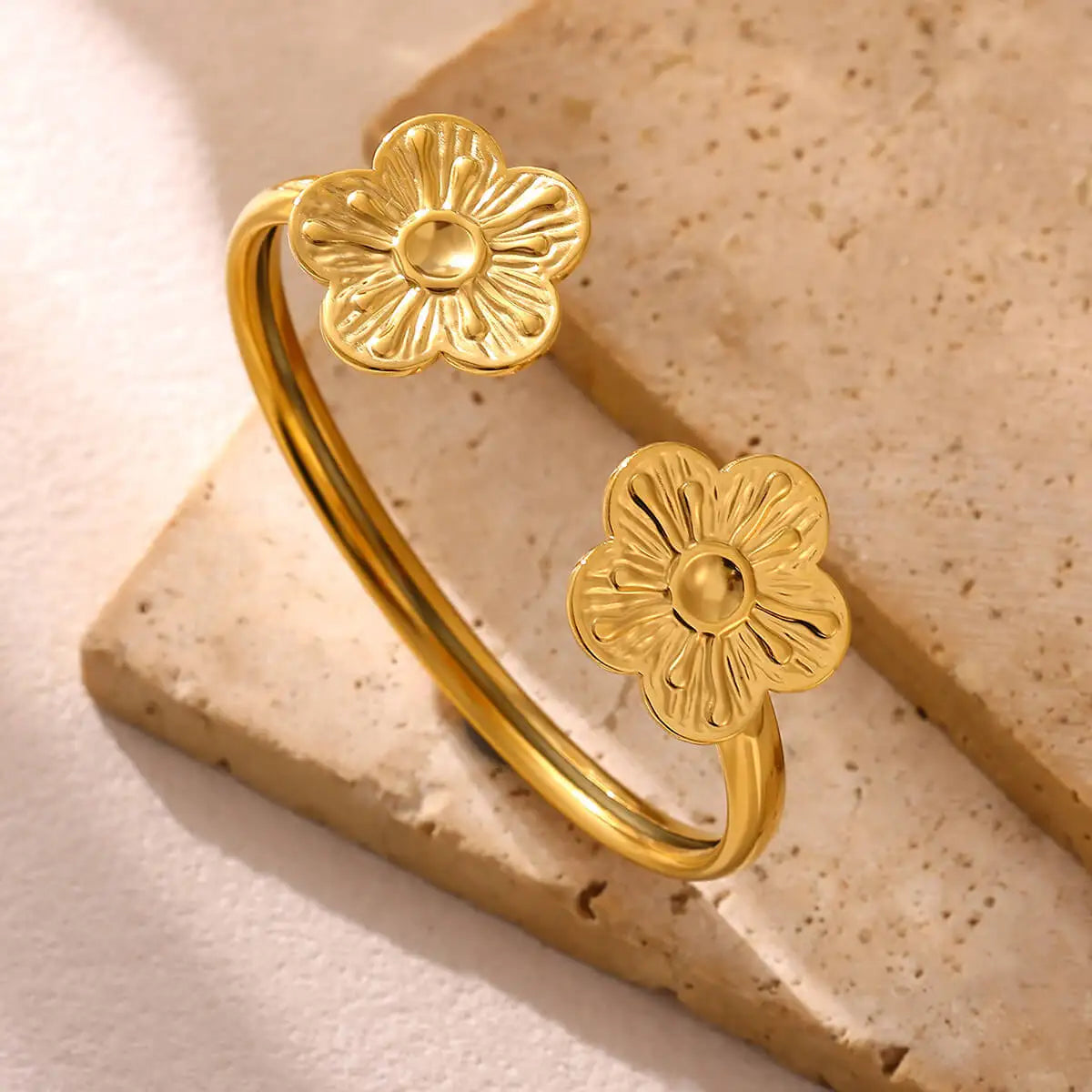 2026 Elegant Cuff Bracelet For Women Double Flower Fashion Bangles Gold Color Stainless Steel Jewelry Summer Waterproof Her Gift