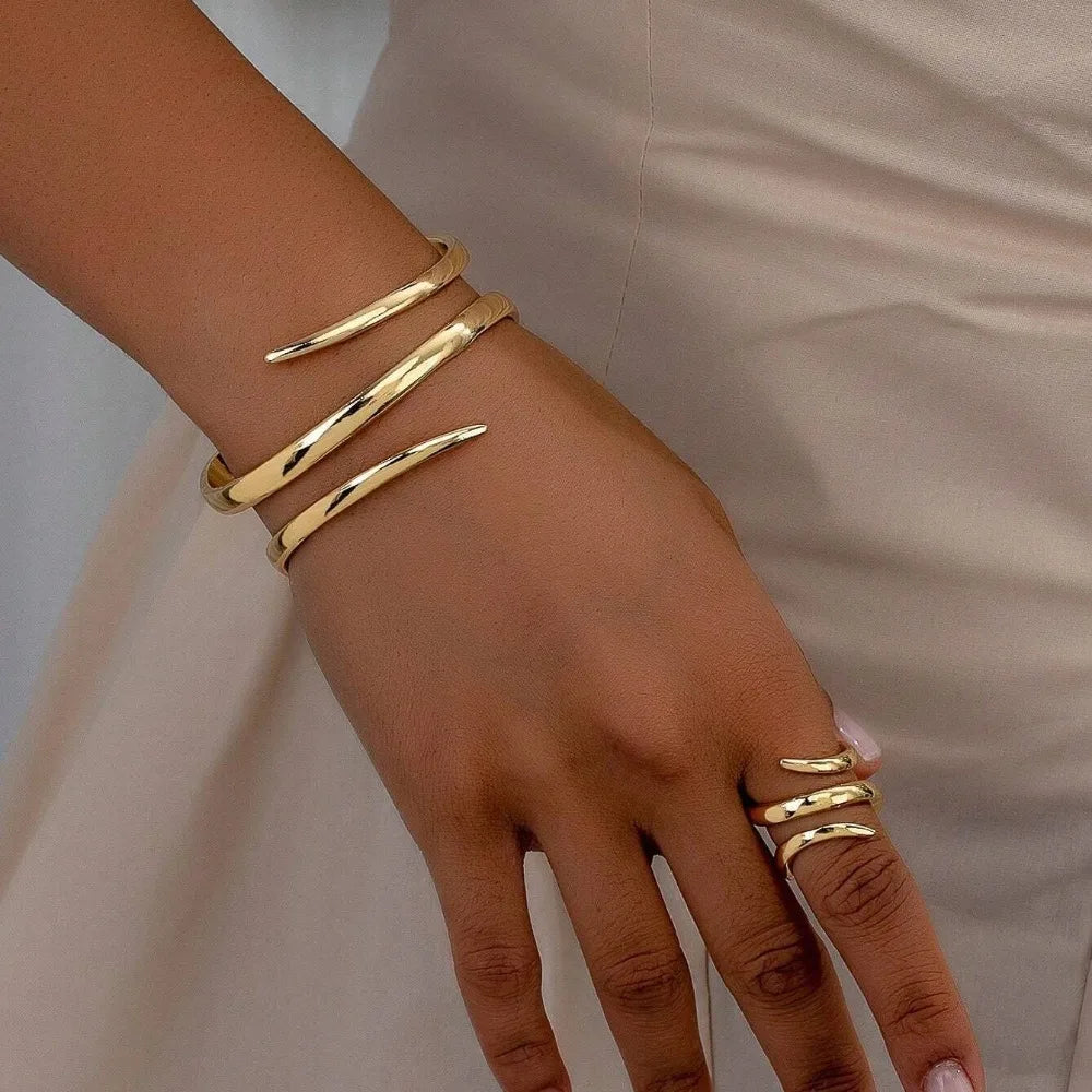 European and American Thick Bracelet and Ring Jewelry Set for Women Gold Color Geometric Line Bracelet Ring Combination Set Gift Main image