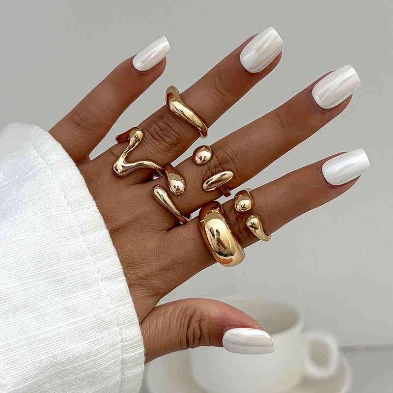 Fashion 6Pcs/Set Smooth Metal Opened Rings for Women Punk Personality Irregular Gold Silver Color Finger Rings Female Jewelry Main image