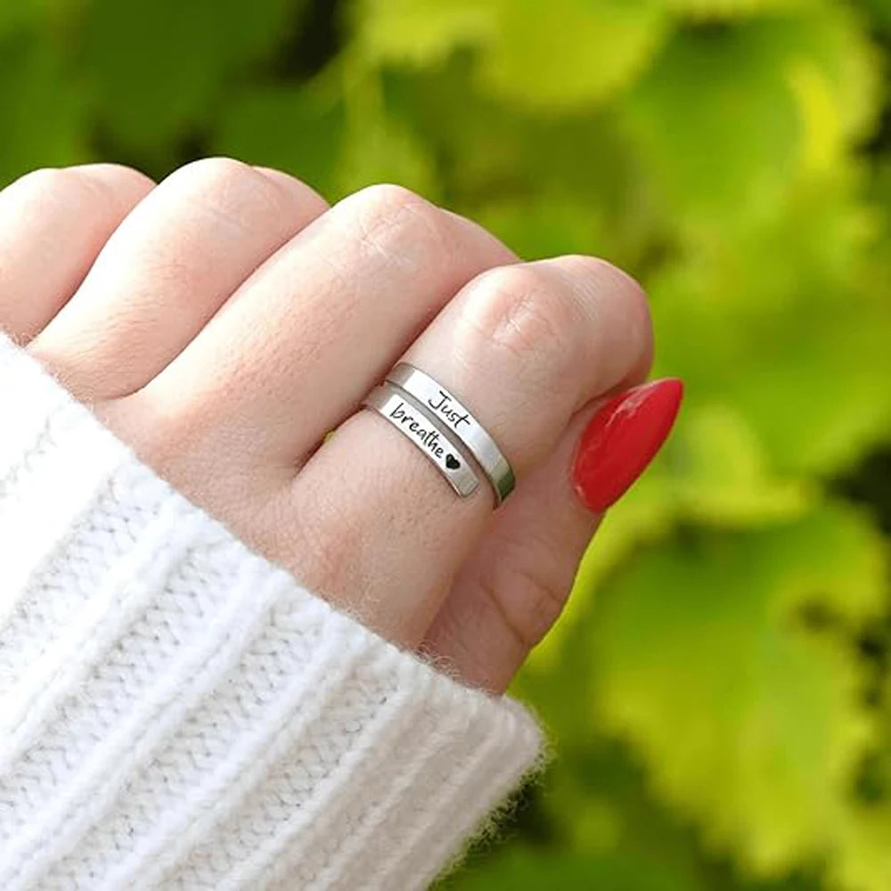 Just Breathe Heart Ring for Women Men, Stainless Steel Spiral Wrap Healing Rings, Inspirational Heart felt Gifts with Box