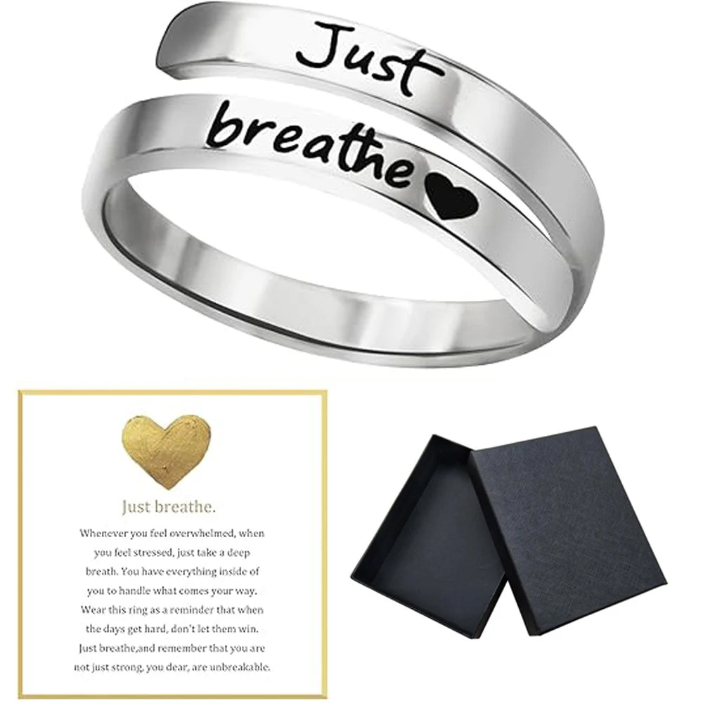 Just Breathe Heart Ring for Women Men, Stainless Steel Spiral Wrap Healing Rings, Inspirational Heart felt Gifts with Box Main image