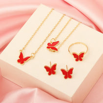 Necklace Earrings Bracelet Ring Jewelry Set for Women Wedding Party Sweet Jewelry Red Enamel Oil Butterfly Charms Accessories